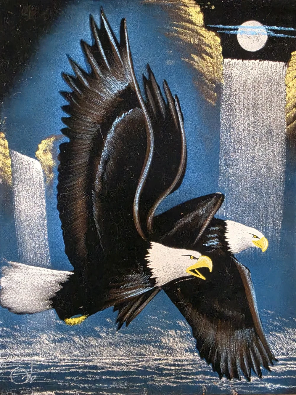 Vintage Black Velvet Oil Painting Wood Framed 23”x 19” Bald Eagle Moon Waterfall